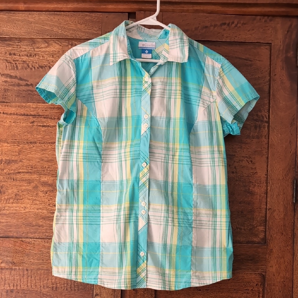 Women's Turquoise and White Plaid Button Down Shirt Columbia XL